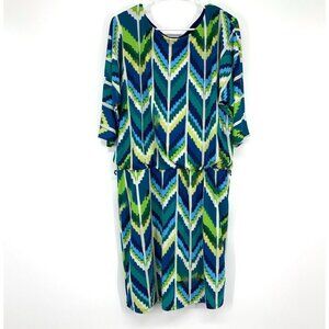 Roz & Ali Dress Blue Chevron Print 3/4 Sleeve Jersey Knit Blouson